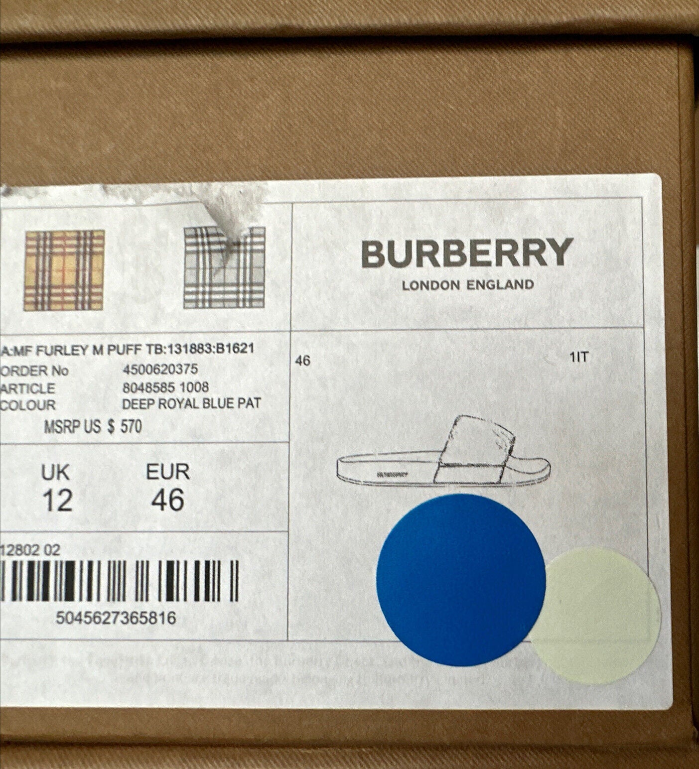 Мужские шлепанцы Burberry Furley Puff TB за 570 долларов США, синие сандалии 13 США (46) 8048585 