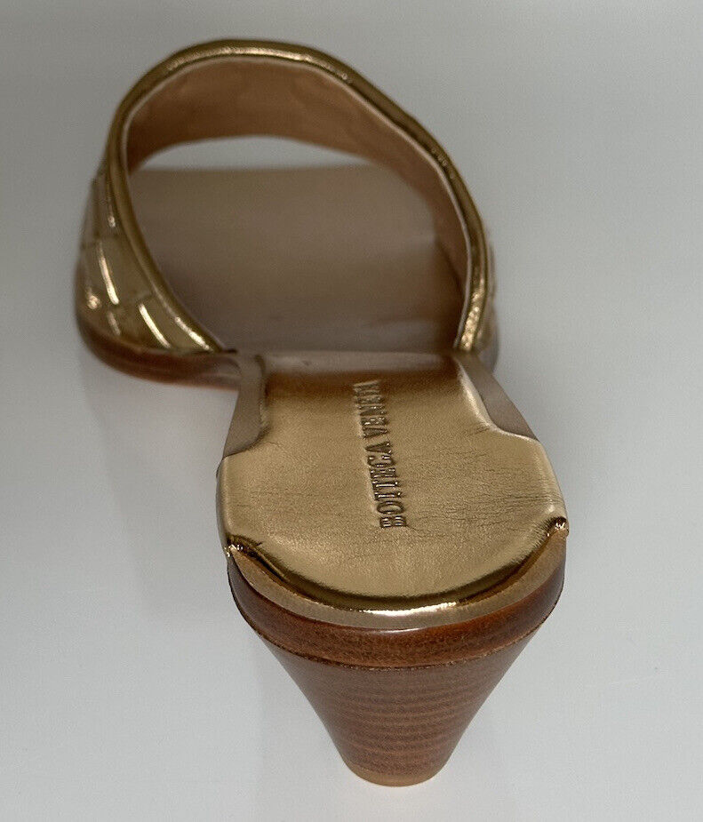 NIB $ 720 Bottega Damen-Sandalen aus Leder mit goldfarbenem Pfirsich-Absatz 11 US 578373 IT 