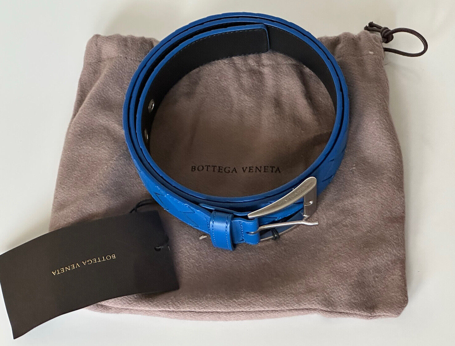 NWT $580 Синий ремень Bottega Veneta Intrecciato из кожи наппа 40/100 IT 580673 
