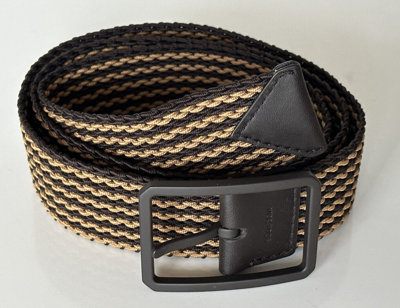 NWT $380 Bottega Veneta Woven Elastic Stripe Brown Belt 36/90 IT 649613