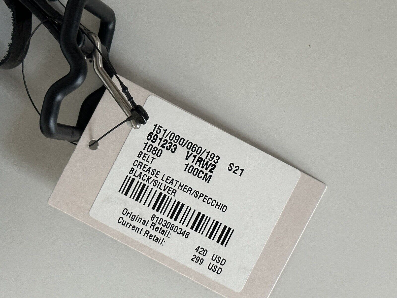 Neu mit Etikett: 420 $ Bottega Veneta Crease Ledergürtel in Schwarz/Silber 40/100 IT 691233 