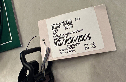 Neu mit Etikett: 420 $ Bottega Veneta Crease Ledergürtel in Schwarz/Silber 38/95 IT 691233 