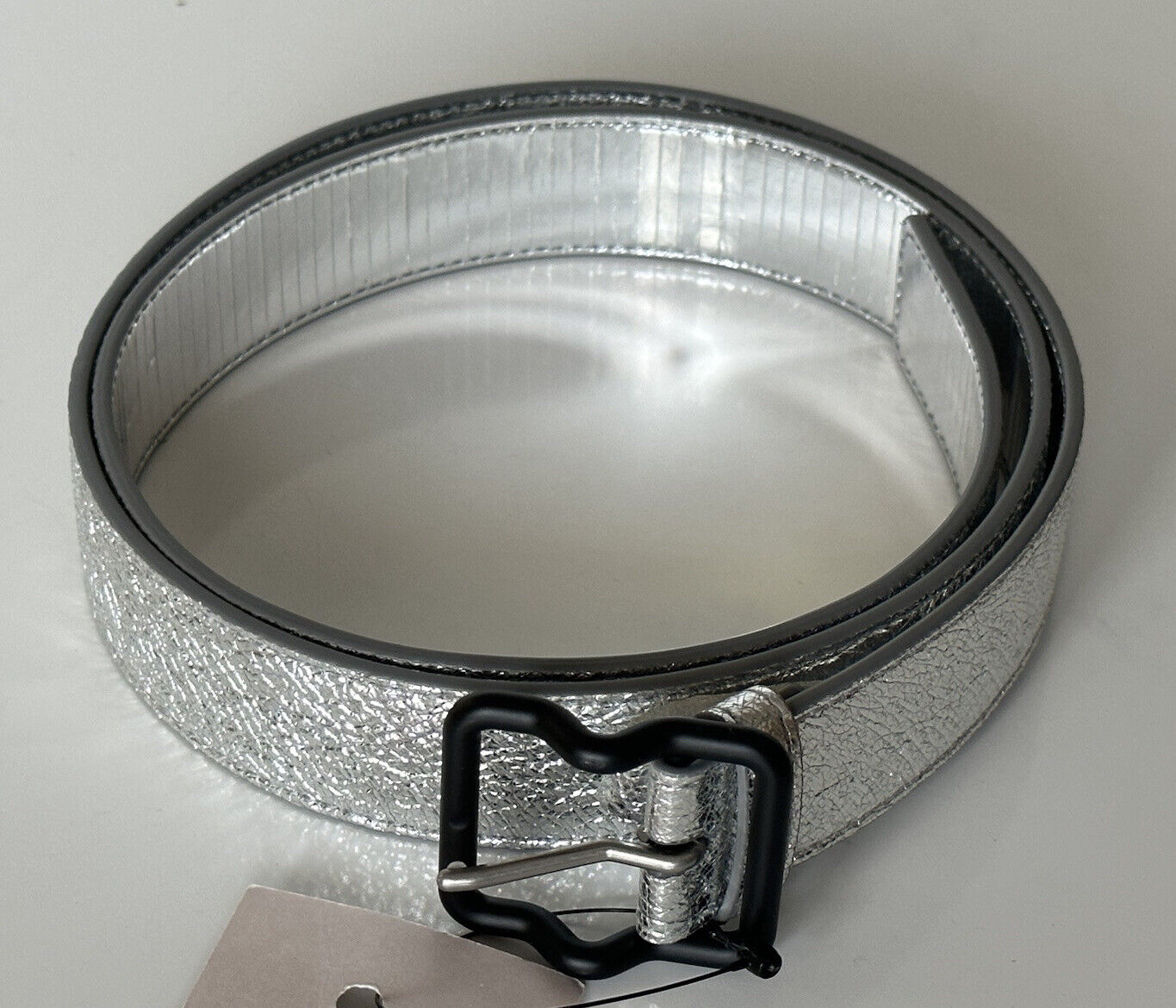 NWT $450 Bottega Veneta Craque Metallic Leather Silver Belt 40/100 IT 691233