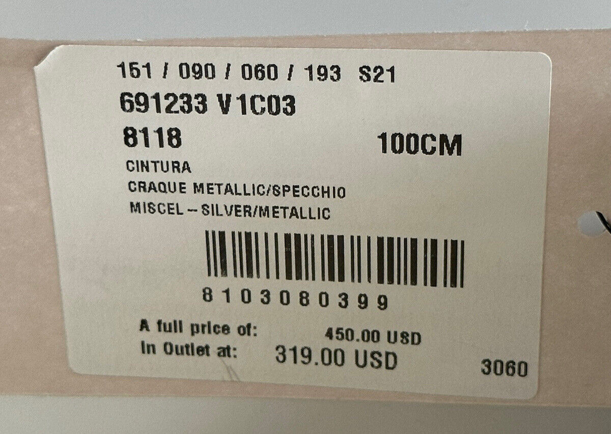 Neu mit Etikett: 450 $ Bottega Veneta Craque Metallic-Leder-Silbergürtel 40/100 IT 691233
