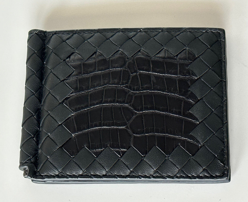 NWT $700 Bottega Veneta Intrecciato Croc/Nappa Leather Black Wallet 123180 IT