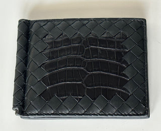 NWT $700 Bottega Veneta Intrecciato Croc/Nappa Leather Black Wallet 123180 IT
