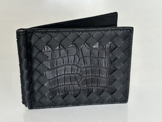 NWT $700 Bottega Veneta Intrecciato Croc/Nappa Leather Black Wallet 123180 IT