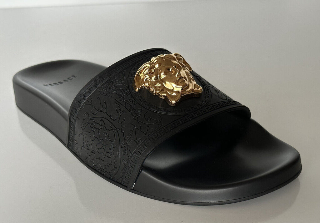 NIB $ 450 Versace Gold Medusa Head Slides Sandalen Schwarz 8 US (38 Euro) Italien 