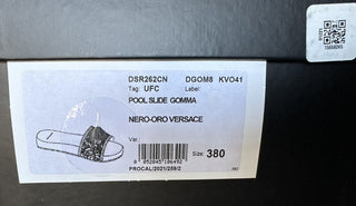 NIB $ 450 Versace Gold Medusa Head Slides Sandalen Schwarz 8 US (38 Euro) Italien 