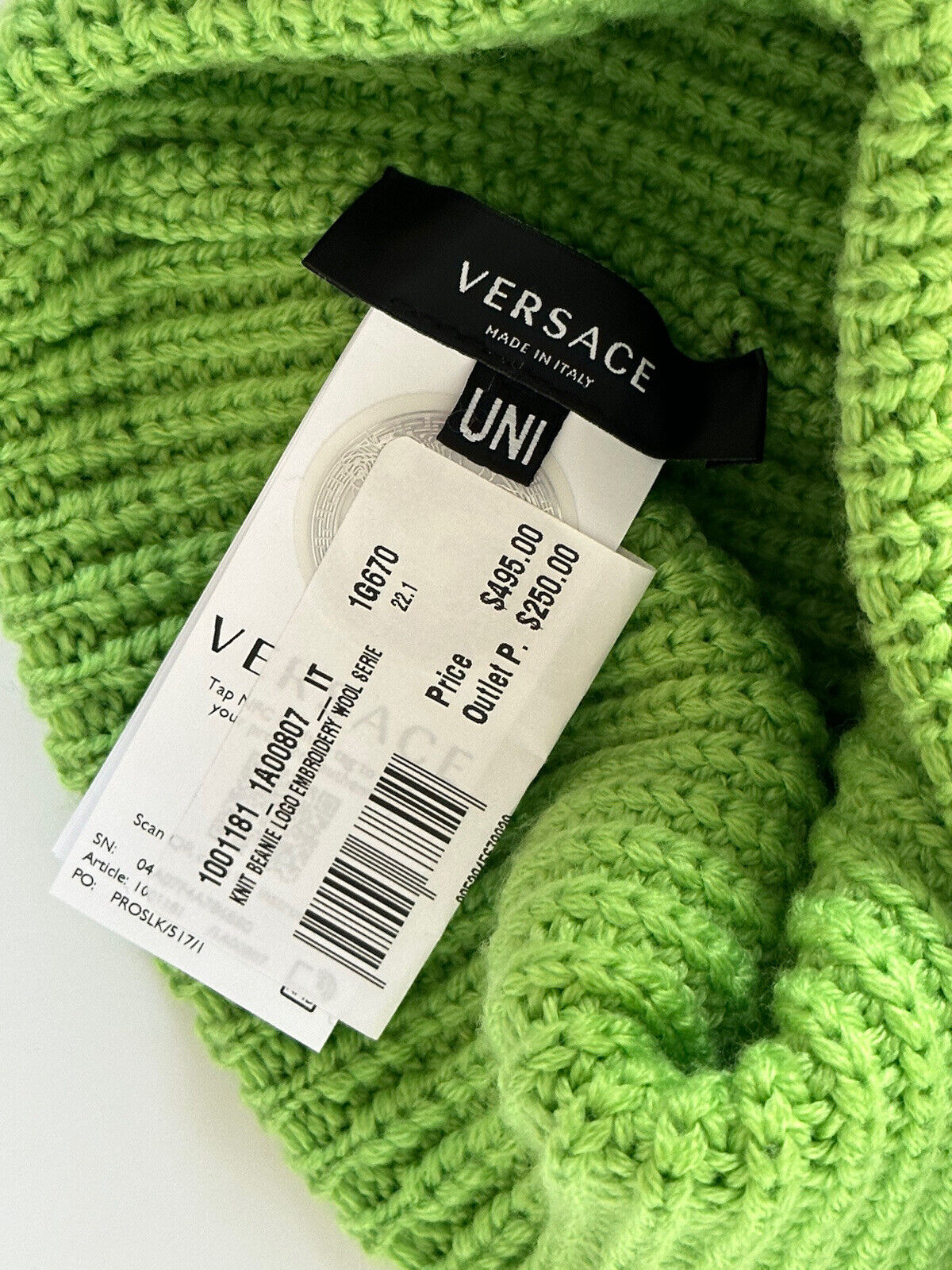 NWT $495 Versace Knit Beanie Logo Embroidery  Wool Green Hat 1001181 Italy