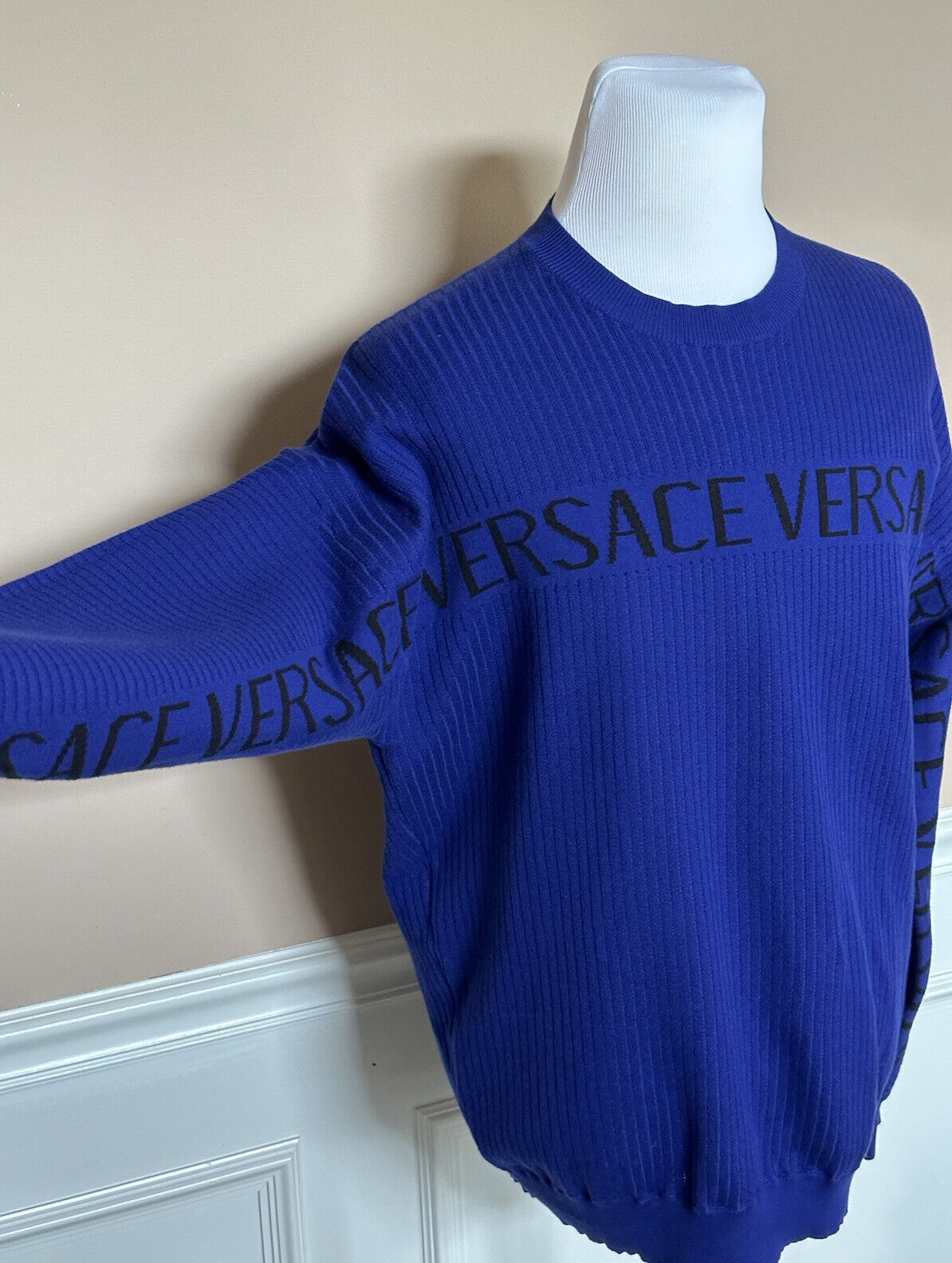 NWT $1050 Versace Logo Wool Knit Sweater Blue/Purple 50 (Large) 1007338