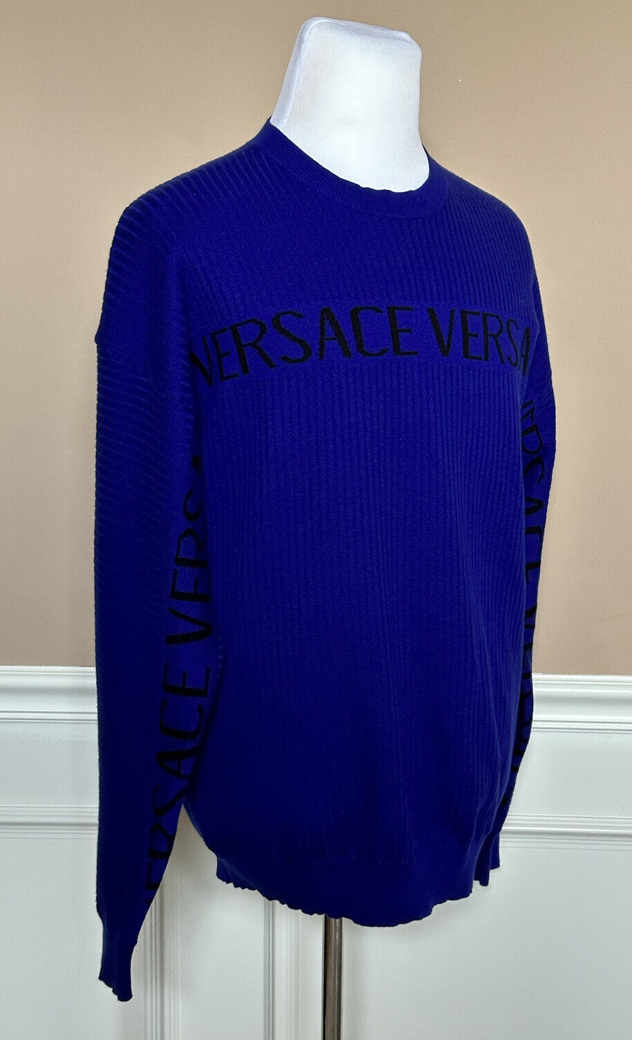 NWT $1050 Versace Logo Wool Knit Sweater Blue/Purple 50 (Large) 1007338