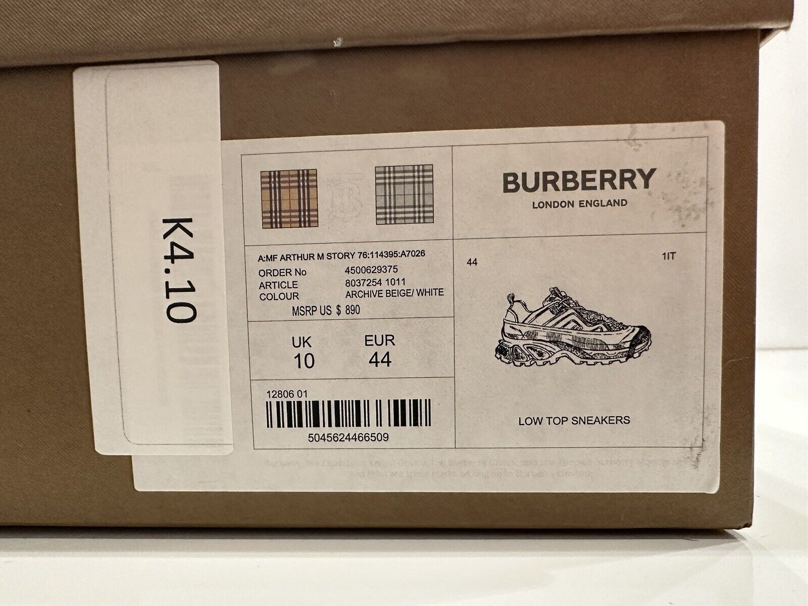 NIB $890 Burberry Arthur Men's Archive Beige/White Sneakers 11 US (44) 8037254
