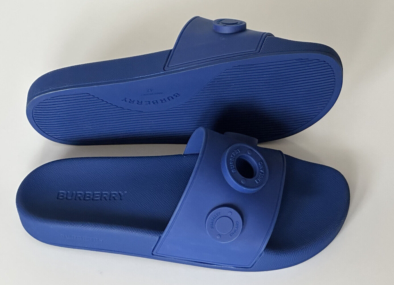 NIB $420 Burberry Eyelet Men’s Furley Royal Blue Slide Sandals 11 US 8049674 IT