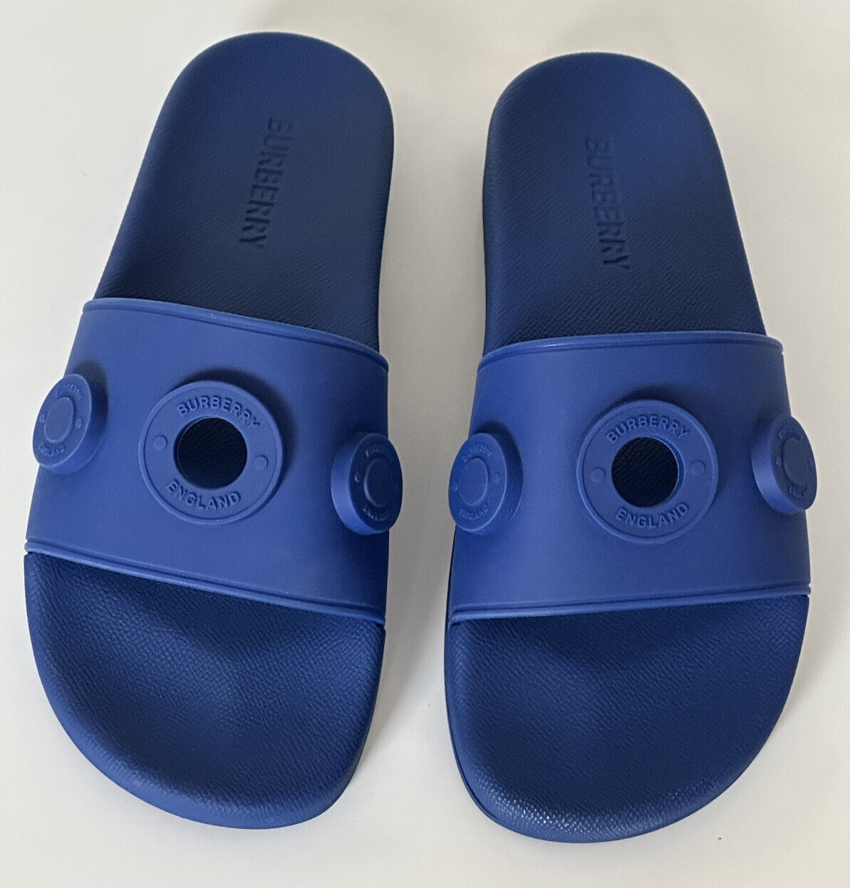 NIB $420 Burberry Eyelet Men’s Furley Royal Blue Slide Sandals 11 US 8049674 IT