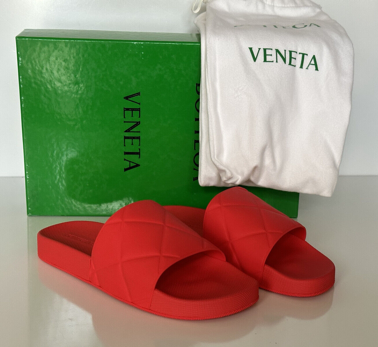 NIB $390 Bottega Veneta Slider Patterned Rubber Sandals Tomato 12 US (45) 640050