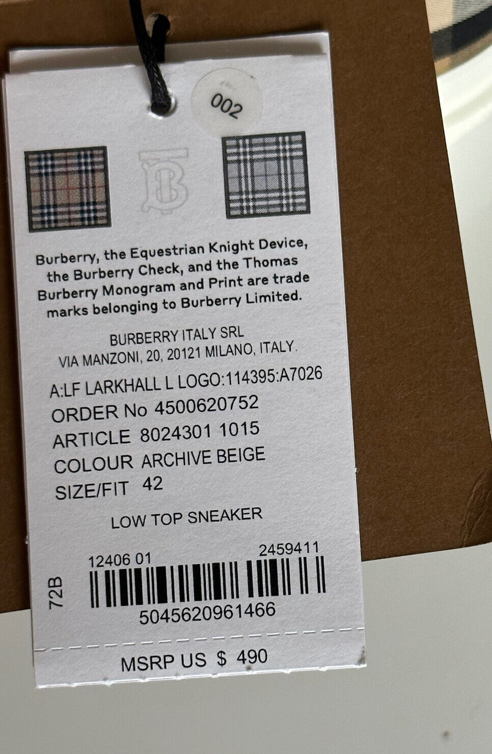Burberry Larkhall Logo Women's Archive Beige Sneakers 12 US (42 Eu) 8024301 NIB