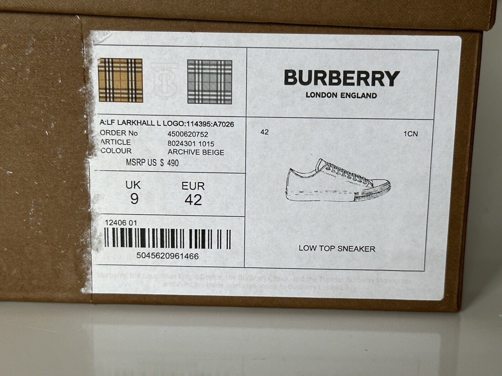 NIB Burberry Larkhall Logo Women's Archive Beige Sneakers 12 US (42 Eu) 8024301