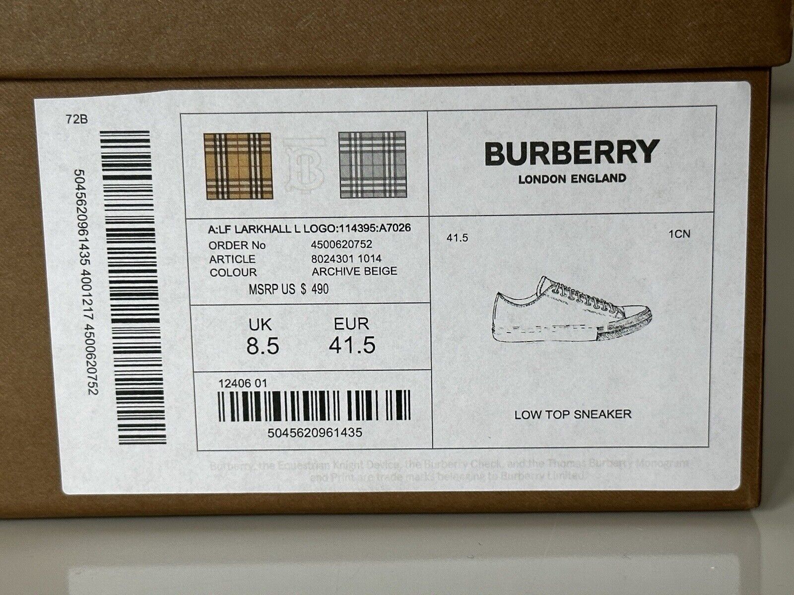 NIB Burberry Larkhall Logo Women's Archive Beige Sneakers 11.5 US (41.5) 8024301