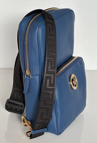 NWT $1590 Versace Medusa Grainy Calf Leather Sling Backpack Bag Blue 1008862 IT