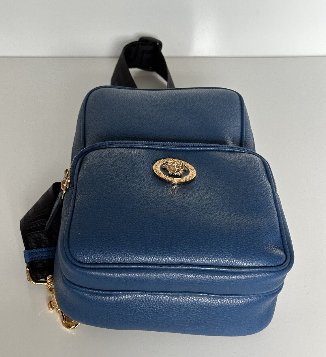 NWT $1590 Versace Medusa Grainy Calf Leather Sling Backpack Bag Blue 1008862 IT