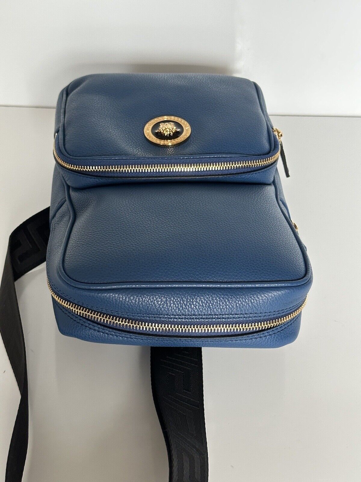 NWT $1590 Versace Medusa Grainy Calf Leather Sling Backpack Bag Blue 1008862 IT