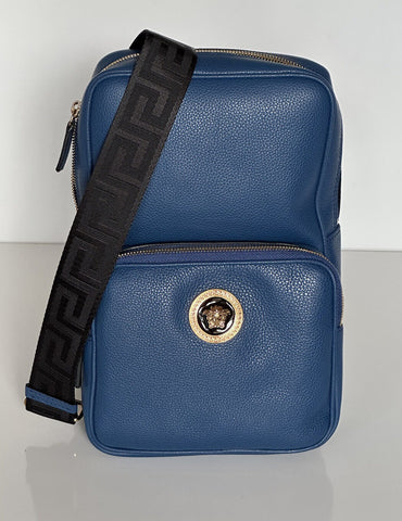 NWT $1590 Versace Medusa Grainy Calf Leather Sling Backpack Bag Blue 1008862 IT