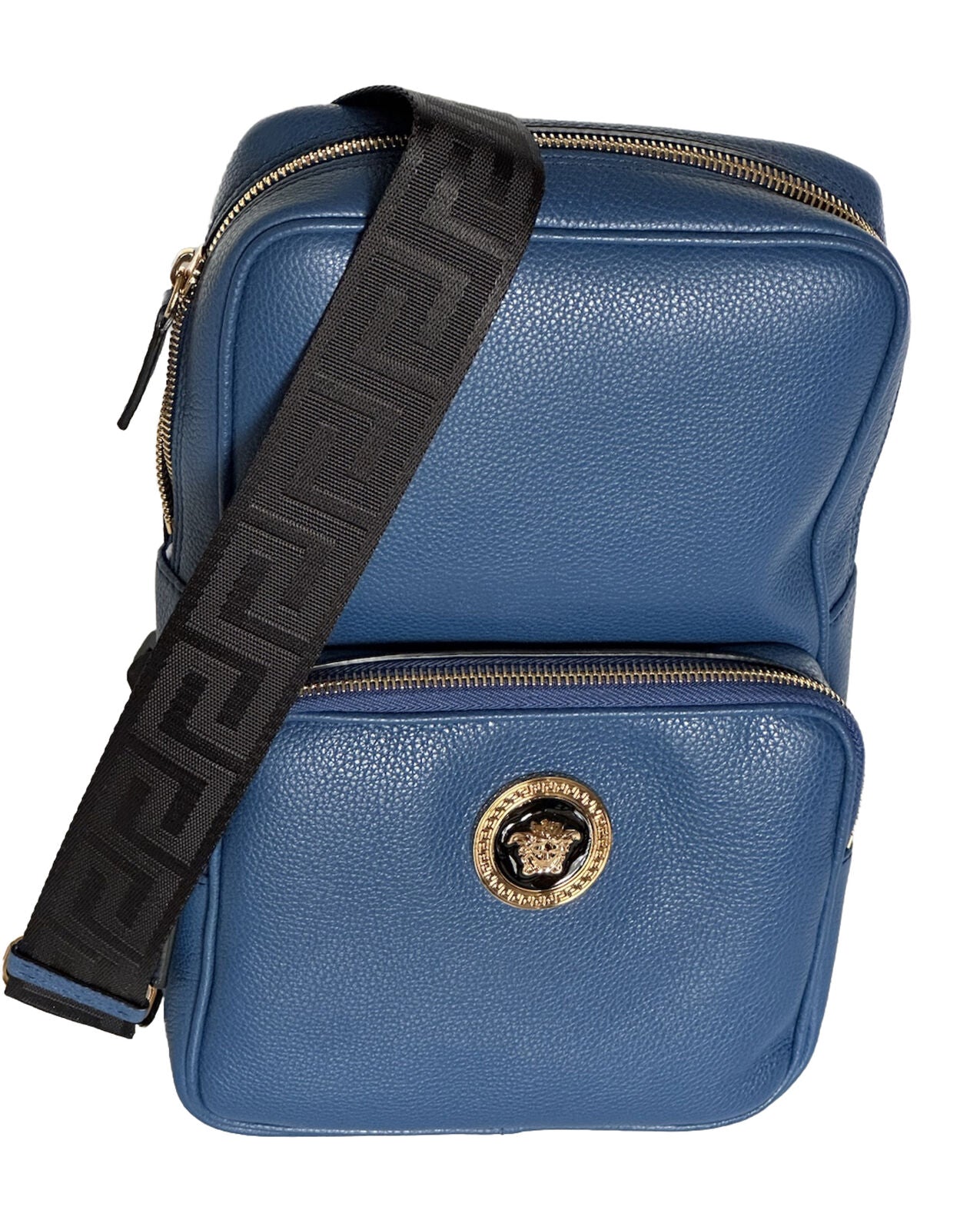 NWT $1590 Versace Medusa Grainy Calf Leather Sling Backpack Bag Blue 1008862 IT