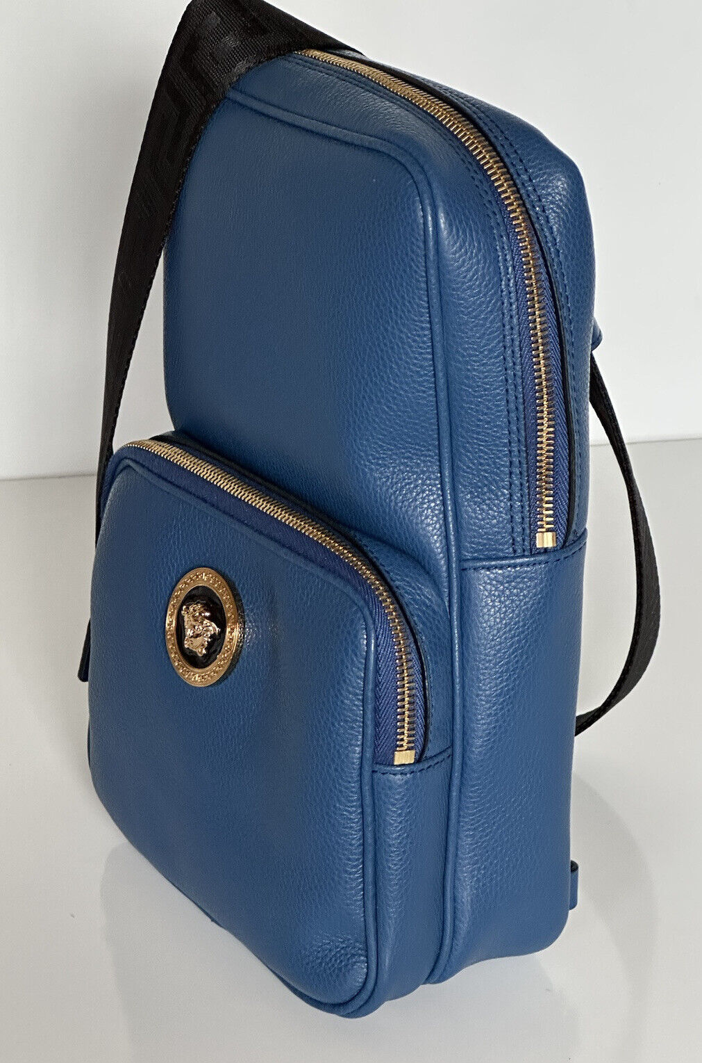 NWT $1590 Versace Medusa Grainy Calf Leather Sling Backpack Bag Blue 1008862 IT