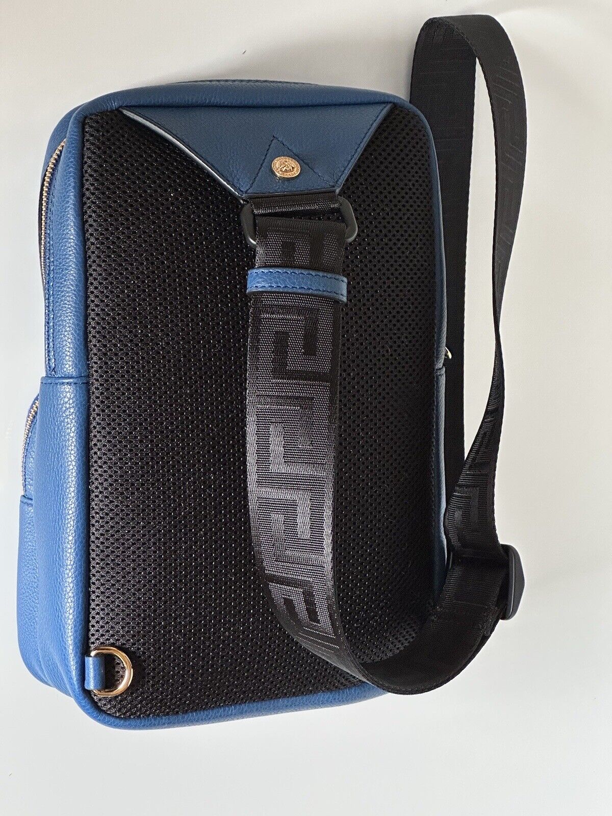 NWT $1590 Versace Medusa Grainy Calf Leather Sling Backpack Bag Blue 1008862 IT