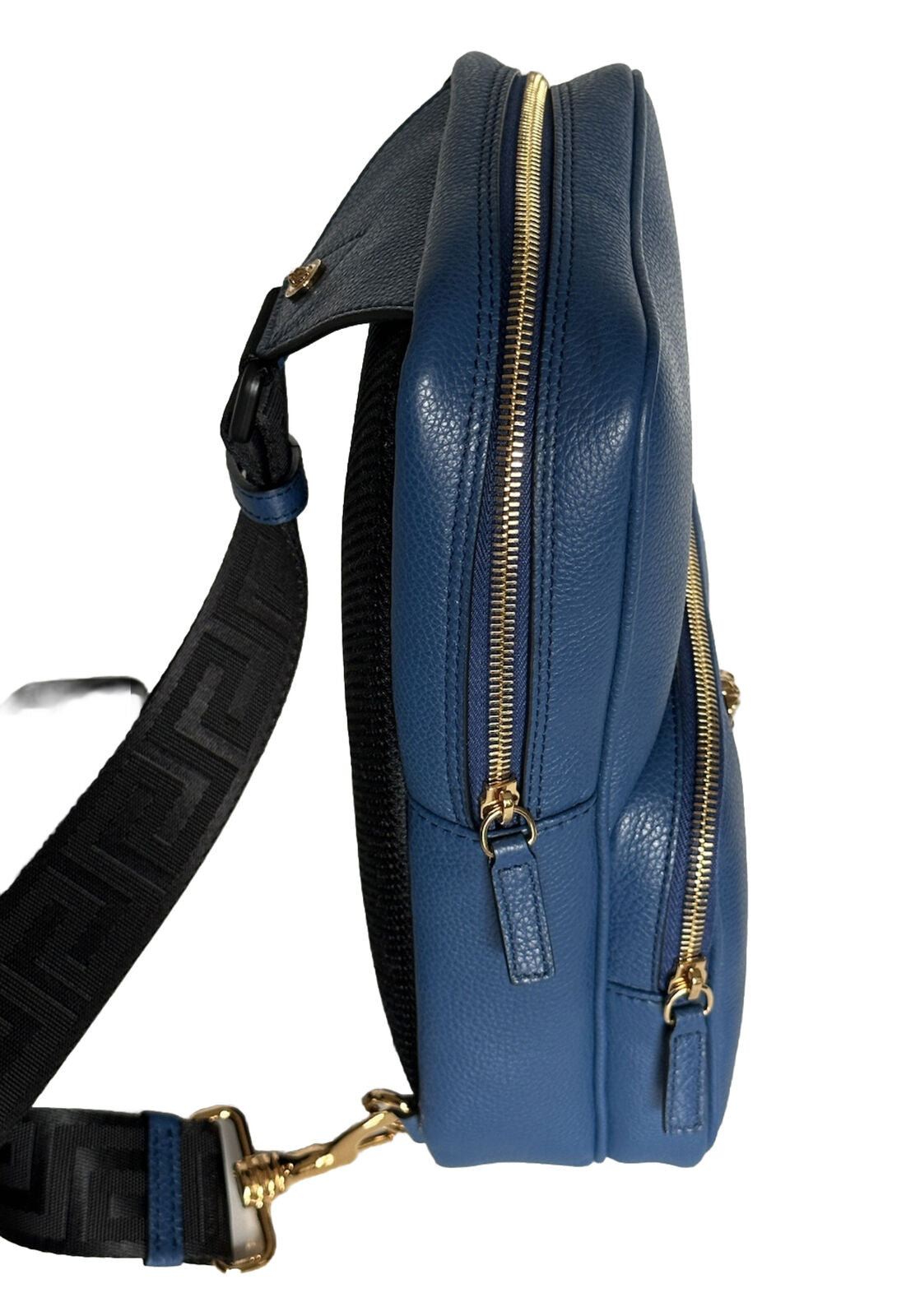 NWT $1590 Versace Medusa Grainy Calf Leather Sling Backpack Bag Blue 1008862 IT