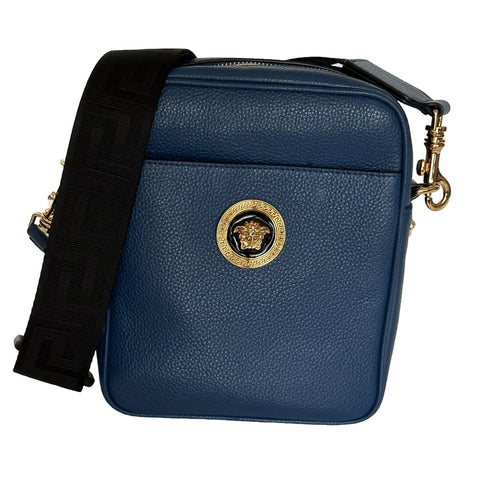 NWT $1000 Versace Medusa Grainy Calf Leather Messenger Bag Blue 1002885 Italy
