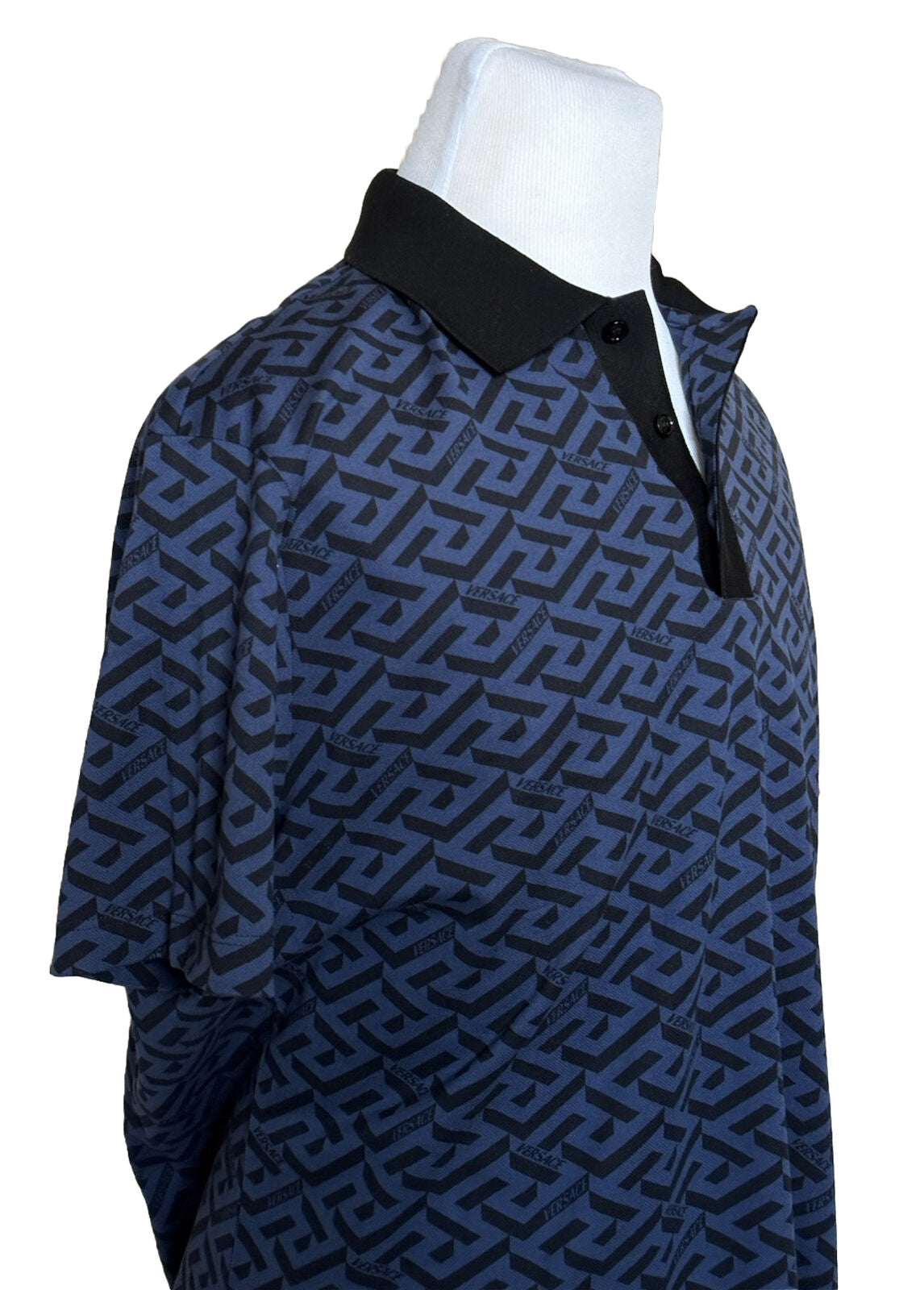 NWT $775 Versace Piquet Greca Signature Синяя/Черная рубашка-поло 2XL 1004083 Италия
