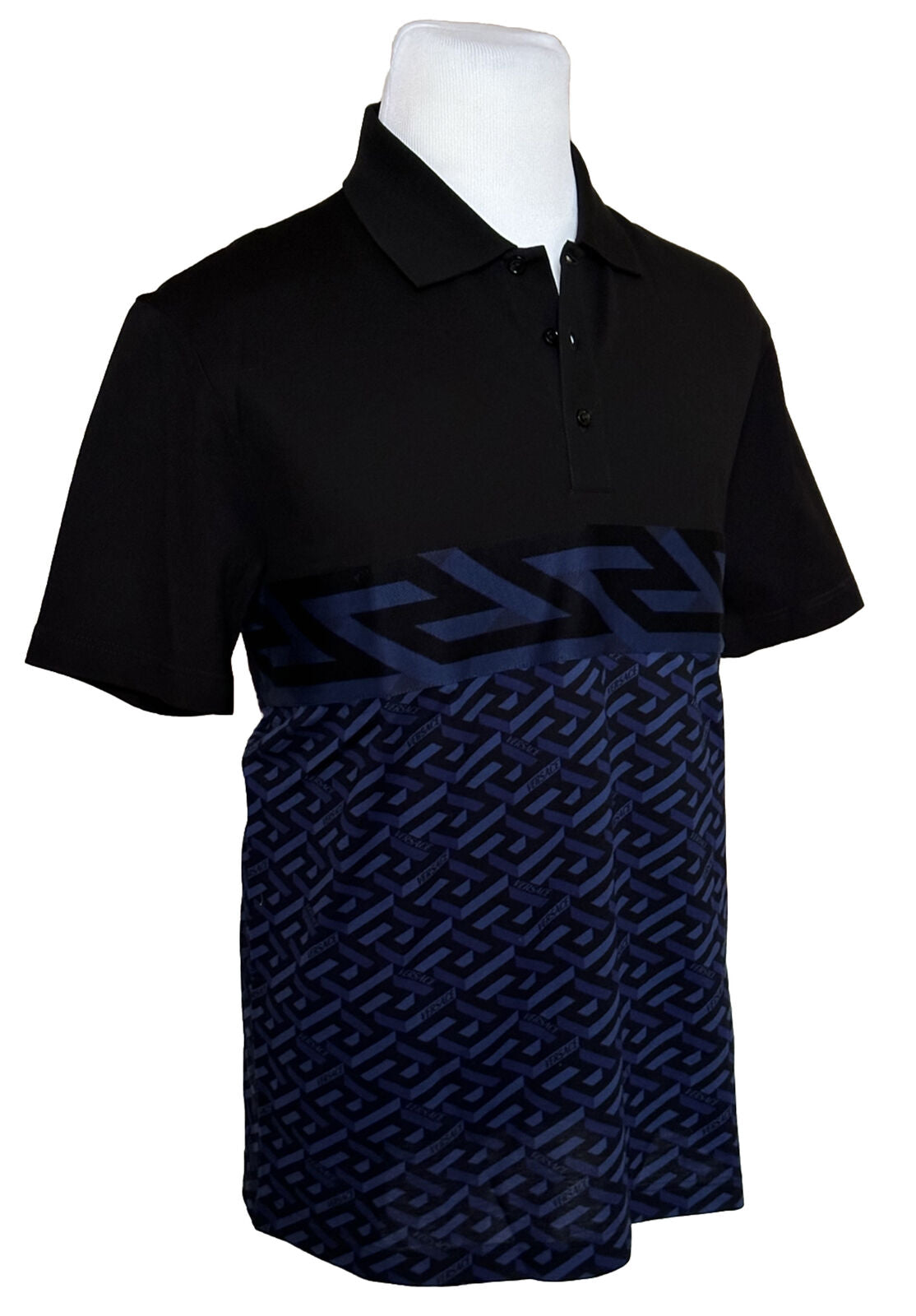 NWT $900 Versace Piquet Greca Signature Blue/Black Polo Shirt 2XL 1006468 Italy