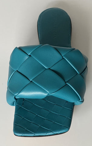 NWT $1350 Bottega Veneta Petroleum Blue Flat Sandals Shoes 7.5 US 608853