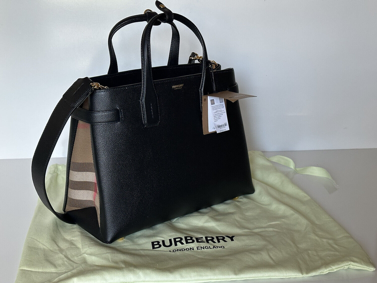 NWT $1790 Burberry Banner Tote House Check Derby Shoulder Bag Black 8068549