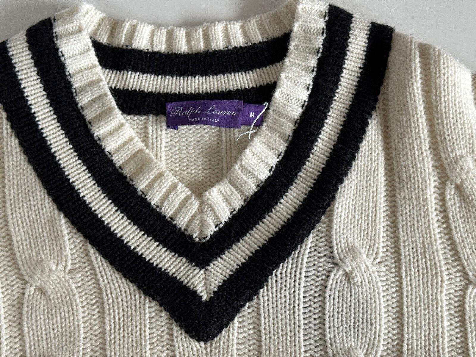 NWT $1495 Polo Ralph Lauren Purple Label Mens Cashmere Cream V-neck Sweater M IT