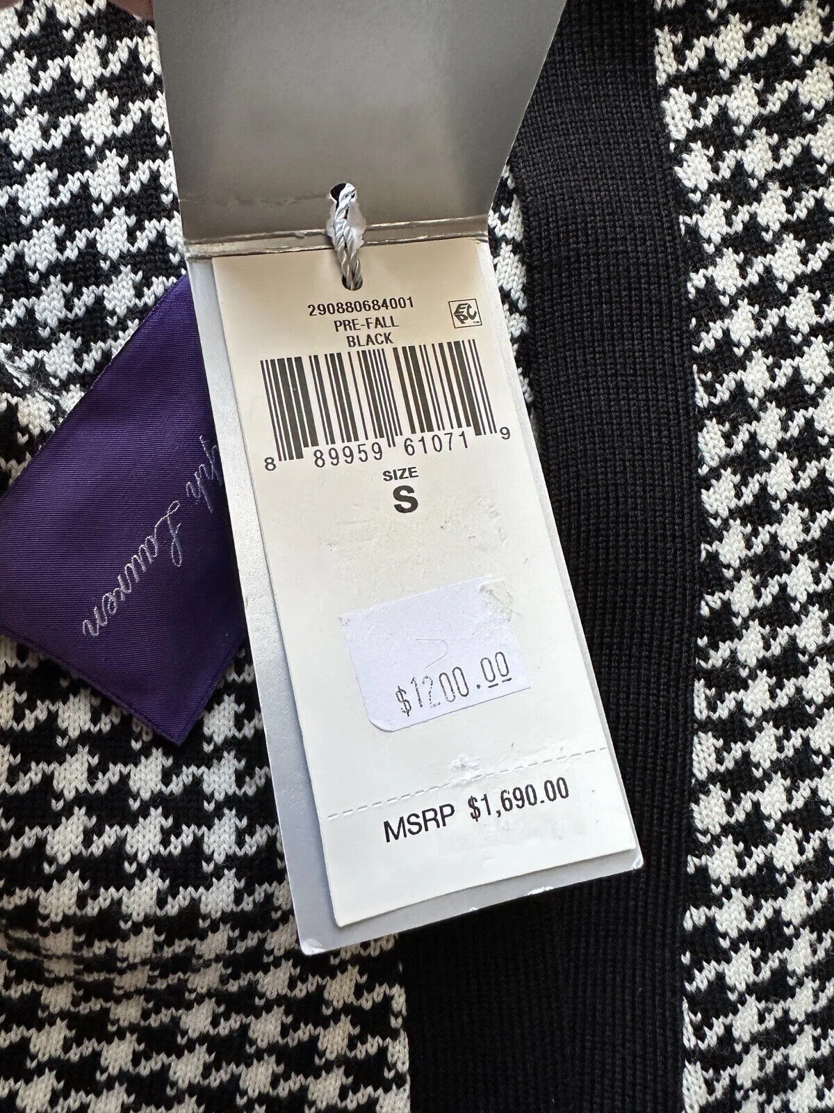 NWT $1690 Ralph Lauren Purple Label houndstooth Wool Black Cardigan Small Italy