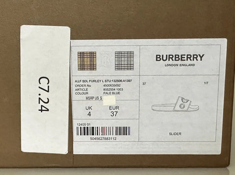 NIB $420 Burberry Eyelet Women's Furley Pale Blue Slide Sandals 7 US 8052554 IT