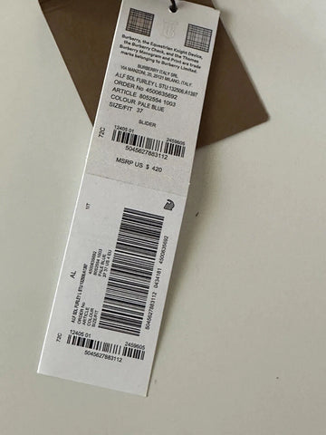 NIB $420 Burberry Eyelet Women's Furley Pale Blue Slide Sandals 7 US 8052554 IT