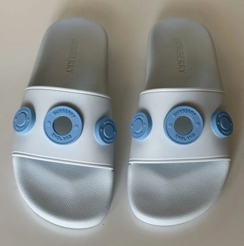 NIB $420 Burberry Eyelet Women's Furley Pale Blue Slide Sandals 7 US 8052554 IT