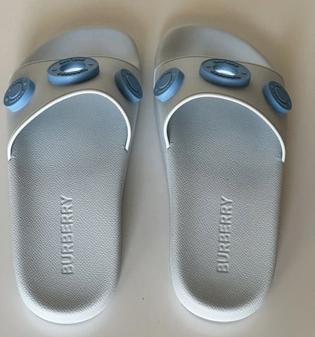 NIB $420 Burberry Eyelet Women's Furley Pale Blue Slide Sandals 7 US 8052554 IT