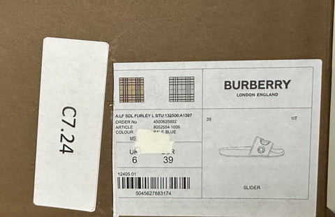 NIB $420 Burberry Eyelet Women's Furley Pale Blue Slide Sandals 9 US 8052554 IT