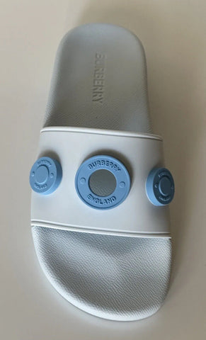 NIB $420 Burberry Eyelet Women's Furley Pale Blue Slide Sandals 9 US 8052554 IT