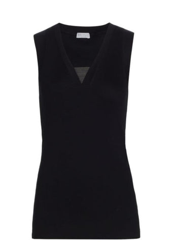 NWT $895 Brunello Cuccinell Womens Cotton V Neck Sleeveless Black Tank Top XS IT
