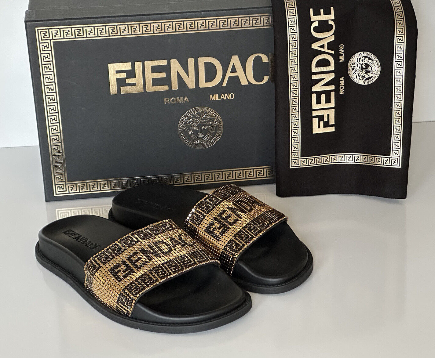 NIB $1550 Fendace Fendi&Versace Metal Mesh Sandals Black 9 US/39 Euro IT 8X8324