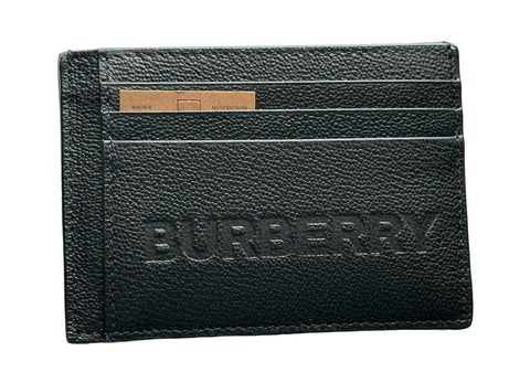 NWT $350 Burberry Logo Embossed Grained Leather Black Card Case 8052878