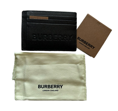 NWT $350 Burberry Logo Embossed Grained Leather Black Card Case 8052878