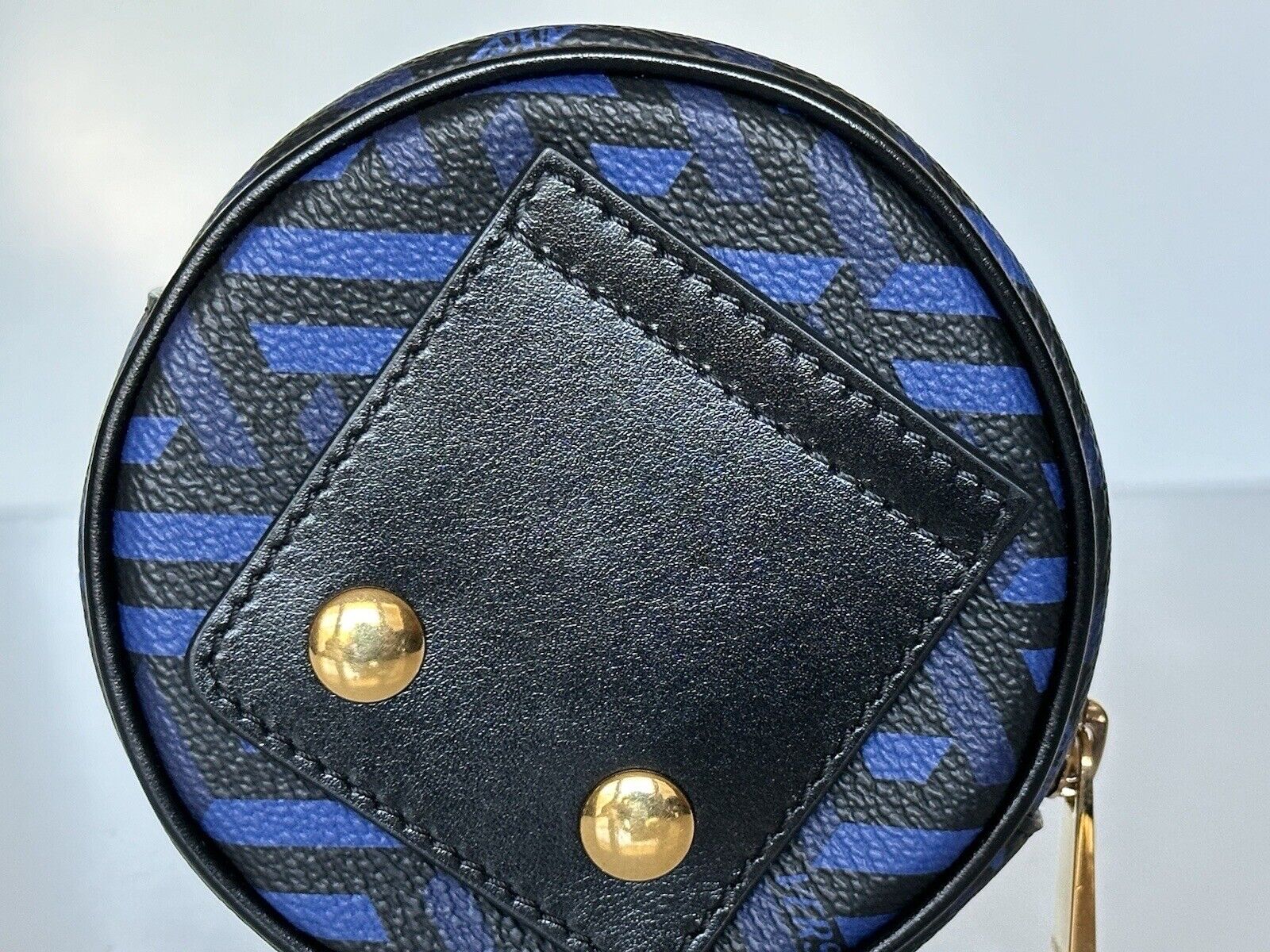 NWT $325 Versace Black/Blue Logo Monogram Leather/Canvas Coin Pouch IT 1001876