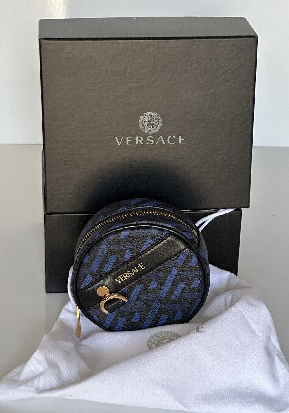 NWT $325 Versace Black/Blue Logo Monogram Leather/Canvas Coin Pouch IT 1001876